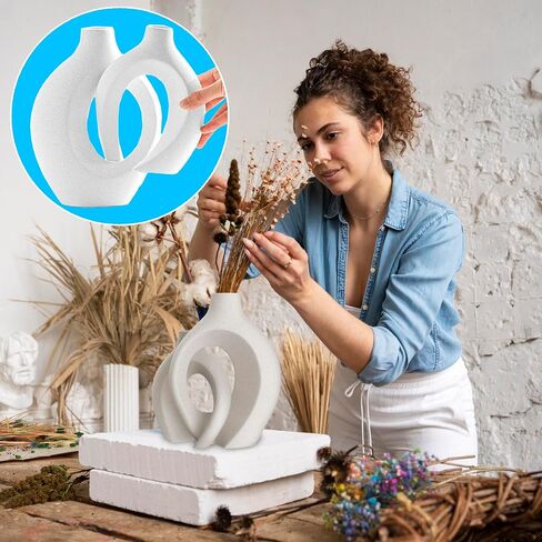 White Ceramic Vase Set - Lovers Decorative Vases - Premium Decor for Flowers, Pampas Grass, or by Itself. Cute Flower Vase for Mediterranean Decor, Living Room Decor, Bookshelf and Tabletop Decor in Saudi Arabia