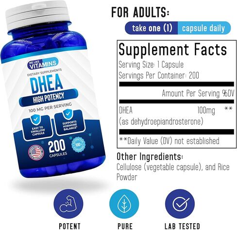 نحن نحب فيتامينات DHEA 100 مجم 200 كبسولة - كمية تكفي 200 يوم من كبسولات DHEA - تساعد في توازن الهرمونات ومستويات الطاقة للرجال والنساء in Kuwait