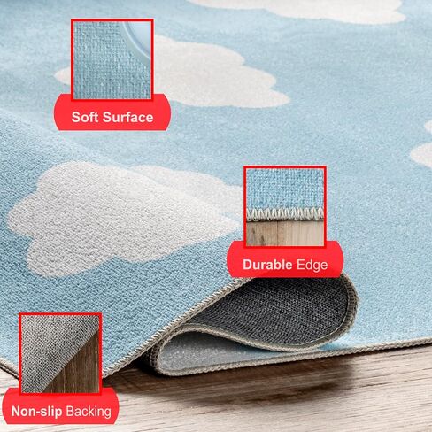 nuLOOM Lilia Machine Washable Kids Cloud Ultra Thin Area Rug, 3' x 5', Light Blue in Saudi Arabia