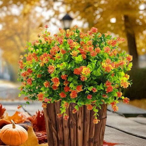 Artificial Fall Flowers Outdoor, 12 Bundles Outside Fall Flowers Fake Greenery UV Resistant Faux Plants for Home Garden Porch Patio Fall Decoration, Thanksgiving (12, Orange) in Saudi Arabia