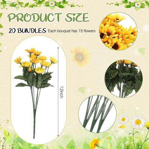 Zeyune 20 Bundles 12 Inch Sunflower Artificial Flower with Stems 300 Pcs Small Sunflowers Daisies Flowers UV Resistant Fall Flowers for Indoor Outside Home Wedding Office Table Kitchen Garden Decor in Saudi Arabia