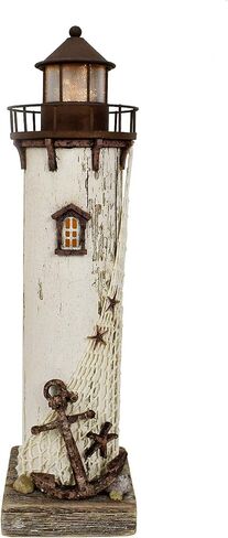 E-view Wooden Lighthouse Nautical Tabletop Figurine Beach Themed Ornaments with Starfish - Lighted Tower Light Wood Home Décor Party Decoration in Saudi Arabia