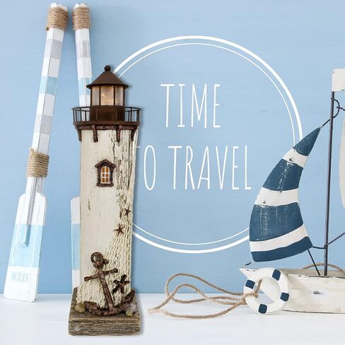 E-view Wooden Lighthouse Nautical Tabletop Figurine Beach Themed Ornaments with Starfish - Lighted Tower Light Wood Home Décor Party Decoration in Saudi Arabia