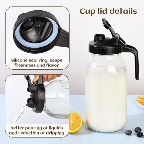 Glass Pitcher with Lid 64OZ/2 Quart Sun Tea Jar Mason Jar Pitcher with Convenient Handle, Wide Mouth and Leak-Proof Design - Ideal Glass Pitcher with Lids for Fridge, Tea, Juice, Iced Coffee(2 Pack) in Saudi Arabia