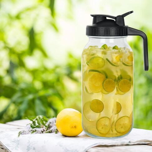 Glass Pitcher with Lid 64OZ/2 Quart Sun Tea Jar Mason Jar Pitcher with Convenient Handle, Wide Mouth and Leak-Proof Design - Ideal Glass Pitcher with Lids for Fridge, Tea, Juice, Iced Coffee(2 Pack) in Saudi Arabia
