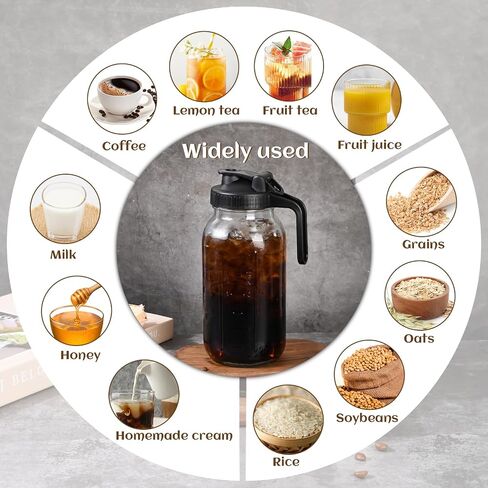 Glass Pitcher with Lid 64OZ/2 Quart Sun Tea Jar Mason Jar Pitcher with Convenient Handle, Wide Mouth and Leak-Proof Design - Ideal Glass Pitcher with Lids for Fridge, Tea, Juice, Iced Coffee(2 Pack) in Saudi Arabia