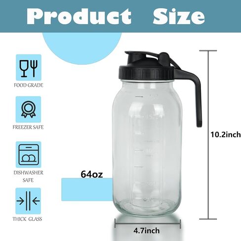 Glass Pitcher with Lid 64OZ/2 Quart Sun Tea Jar Mason Jar Pitcher with Convenient Handle, Wide Mouth and Leak-Proof Design - Ideal Glass Pitcher with Lids for Fridge, Tea, Juice, Iced Coffee(2 Pack) in Saudi Arabia