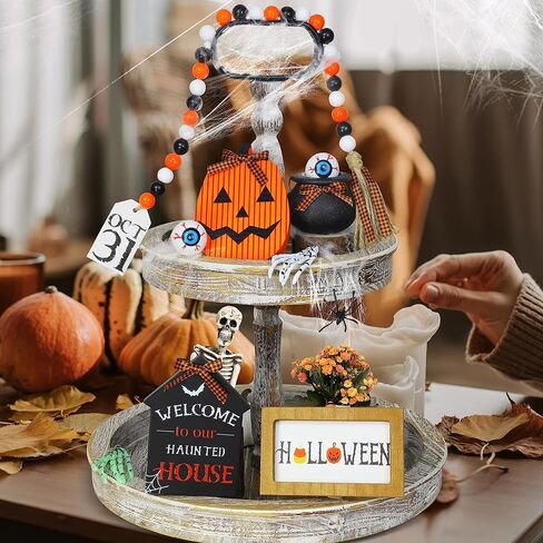 ديكورات الهالوين الداخلية - مجموعة ديكور صينية متدرجة مكونة من 11 قطعة - تتضمن علامة خشبية ريفية لبيت المزرعة، وإكليل خرز، ومقل العيون، ومرجل ساحرة صغير، وذراع هيكل عظمي لديكور طاولة المطبخ المنزلي in Kuwait