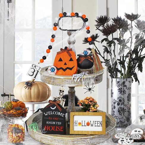 ديكورات الهالوين الداخلية - مجموعة ديكور صينية متدرجة مكونة من 11 قطعة - تتضمن علامة خشبية ريفية لبيت المزرعة، وإكليل خرز، ومقل العيون، ومرجل ساحرة صغير، وذراع هيكل عظمي لديكور طاولة المطبخ المنزلي in Kuwait