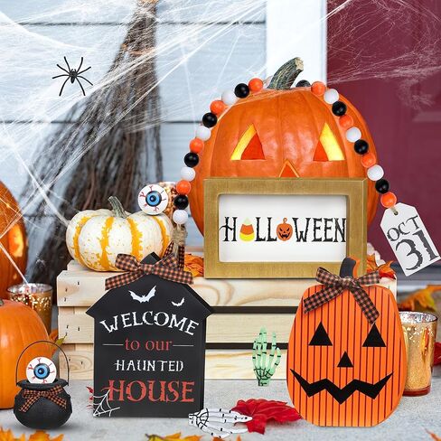 ديكورات الهالوين الداخلية - مجموعة ديكور صينية متدرجة مكونة من 11 قطعة - تتضمن علامة خشبية ريفية لبيت المزرعة، وإكليل خرز، ومقل العيون، ومرجل ساحرة صغير، وذراع هيكل عظمي لديكور طاولة المطبخ المنزلي in Kuwait