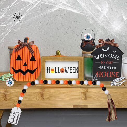 ديكورات الهالوين الداخلية - مجموعة ديكور صينية متدرجة مكونة من 11 قطعة - تتضمن علامة خشبية ريفية لبيت المزرعة، وإكليل خرز، ومقل العيون، ومرجل ساحرة صغير، وذراع هيكل عظمي لديكور طاولة المطبخ المنزلي in Kuwait