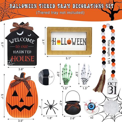 ديكورات الهالوين الداخلية - مجموعة ديكور صينية متدرجة مكونة من 11 قطعة - تتضمن علامة خشبية ريفية لبيت المزرعة، وإكليل خرز، ومقل العيون، ومرجل ساحرة صغير، وذراع هيكل عظمي لديكور طاولة المطبخ المنزلي in Kuwait