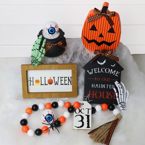 ديكورات الهالوين الداخلية - مجموعة ديكور صينية متدرجة مكونة من 11 قطعة - تتضمن علامة خشبية ريفية لبيت المزرعة، وإكليل خرز، ومقل العيون، ومرجل ساحرة صغير، وذراع هيكل عظمي لديكور طاولة المطبخ المنزلي in Kuwait