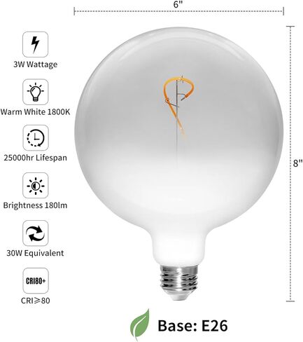 ONEWISH G150 Globe LED Bulb Matte White, E26 Glass LED Filament Light Bulb, Warm Sunset Decorative Design for Kitchen Island, Café, Ceiling Hanging Light Fixture, Modern Home Improvement-φ150mm(6") in Kuwait