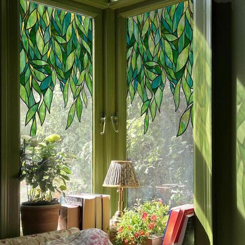 funlife Original Hand-Drawn Stained Glass Window Film, Double-Sided Static Cling Window Cling, Non-Adhesive Glass Windows Border Film Decor for Window Glass Door, 20.53" x 51.18", Spring Green Leaves in Saudi Arabia