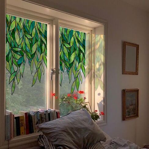 funlife Original Hand-Drawn Stained Glass Window Film, Double-Sided Static Cling Window Cling, Non-Adhesive Glass Windows Border Film Decor for Window Glass Door, 20.53" x 51.18", Spring Green Leaves in Saudi Arabia
