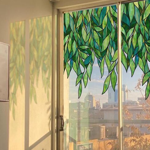 funlife Original Hand-Drawn Stained Glass Window Film, Double-Sided Static Cling Window Cling, Non-Adhesive Glass Windows Border Film Decor for Window Glass Door, 20.53" x 51.18", Spring Green Leaves in Saudi Arabia