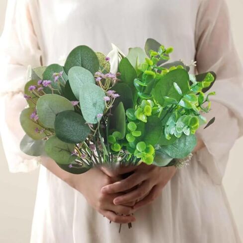 Artificial Eucalyptus Stems, 6PCS Mixed Faux Eucalyptus Greenery Stems Silver Dollar Leaves with Purple Flower Green Plants Wedding Bouquet Green Decor Flower Arrangement in Saudi Arabia
