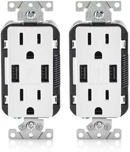 Leviton T5632-BW R02-T5632-0Bw 2-Port Combination Duplex Receptacle with USB Charger, 125 Vac, 15 A, 2 Pole, 3 Wire, White in Saudi Arabia