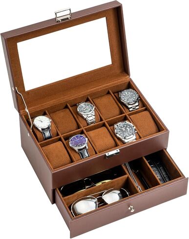 10 Slots Watch Box Case for Men, Mens Jewelry Organizer Watch Holder Display Case with Drawer, PU Leather Watch Storage Boxes with Glass Lid and Pillow -Black in Saudi Arabia