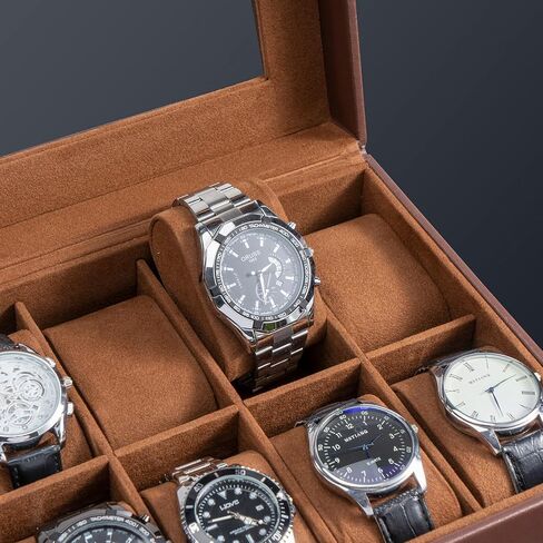 10 Slots Watch Box Case for Men, Mens Jewelry Organizer Watch Holder Display Case with Drawer, PU Leather Watch Storage Boxes with Glass Lid and Pillow -Black in Saudi Arabia