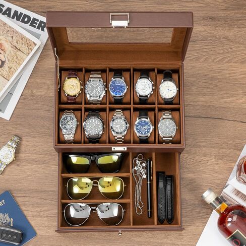 10 Slots Watch Box Case for Men, Mens Jewelry Organizer Watch Holder Display Case with Drawer, PU Leather Watch Storage Boxes with Glass Lid and Pillow -Black in Saudi Arabia