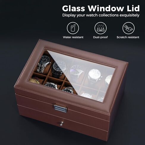 10 Slots Watch Box Case for Men, Mens Jewelry Organizer Watch Holder Display Case with Drawer, PU Leather Watch Storage Boxes with Glass Lid and Pillow -Black in Saudi Arabia