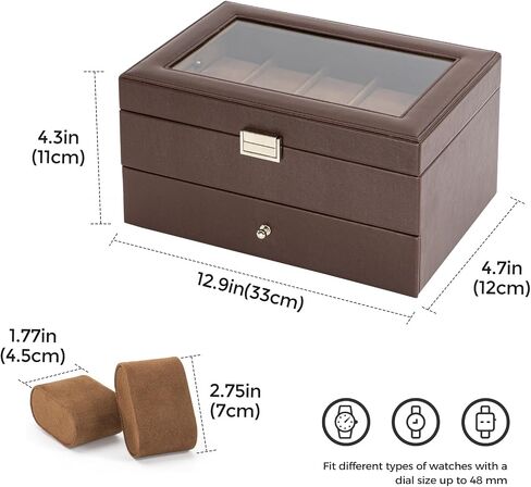 10 Slots Watch Box Case for Men, Mens Jewelry Organizer Watch Holder Display Case with Drawer, PU Leather Watch Storage Boxes with Glass Lid and Pillow -Black in Saudi Arabia