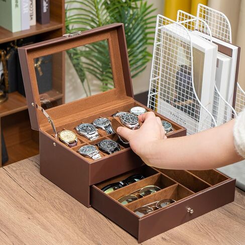 10 Slots Watch Box Case for Men, Mens Jewelry Organizer Watch Holder Display Case with Drawer, PU Leather Watch Storage Boxes with Glass Lid and Pillow -Black in Saudi Arabia