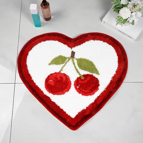 Cherry Bath Mat Cute Fruit Bathroom Rugs and Mat for Bathroom Heart Shaped Shower Rugs Non Slip Plush Microfiber Shower Rugs Absorbent Tub Floor Bathtub Mat Carpet Washable, 25.6x23.6 Inch in Saudi Arabia