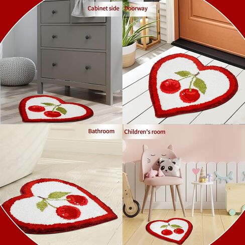 Cherry Bath Mat Cute Fruit Bathroom Rugs and Mat for Bathroom Heart Shaped Shower Rugs Non Slip Plush Microfiber Shower Rugs Absorbent Tub Floor Bathtub Mat Carpet Washable, 25.6x23.6 Inch in Saudi Arabia