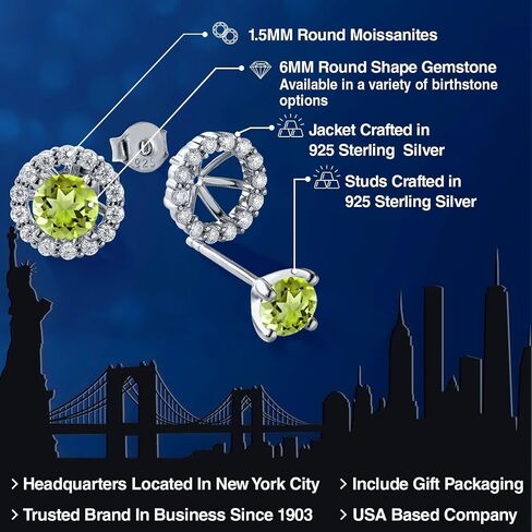 Gem Stone King 925 Sterling Silver Round Blue Sapphire and White Moissanite Removable Jacket Stud Halo Earrings For Women (2.62 Cttw, Gemstone Birthstone, Round Cut 6MM) in Saudi Arabia