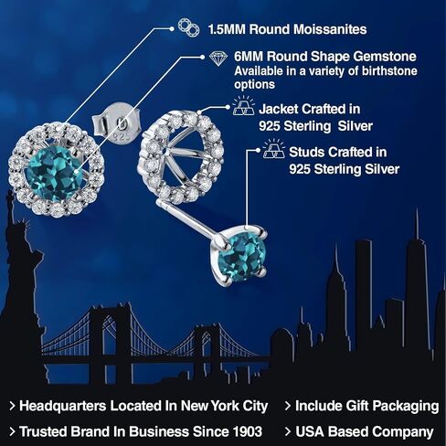 Gem Stone King 925 Sterling Silver Round Blue Sapphire and White Moissanite Removable Jacket Stud Halo Earrings For Women (2.62 Cttw, Gemstone Birthstone, Round Cut 6MM) in Saudi Arabia