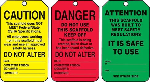 علامة حالة السقالة البلاستيكية Accuform TSS200PTP RP، Legend "Danger/Caution/Attention"، بطول 5.75 بوصة × عرض 3.25 بوصة × سمك 0.015 بوصة، أسود على أخضر/أصفر/أحمر (عبوة من 25 قطعة) in Saudi Arabia