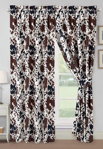 WPM WORLD PRODUCTS MART Cow Print Curtain Set 116" Wide x 84" Long Western Theme Cowboy Print Rod Pocket Panels Brown Black Cream Color Ranch Farmhouse Look darpes with tie Backs (Curtain Set) in Saudi Arabia