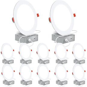 12 Pack 6 Inch Slim LED Recessed Lighting with Junction Box, 900LM High Brightness, 5000K Daylight, Ultra-Thin Wafer Downlight, 12W=120W Eqv, Dimmable Canless LED Recessed Light, ETL & FCC Certified