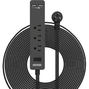 Long Extension Cord 15 Ft, NTONPOWER Ultra Thin Flat Extension Cord Under Carpet, Rug, Door, 3 Outlets Flat Plug Power Strip with 2 USB, Wall Mount, Overload Protection for Indoor Home Office, Black