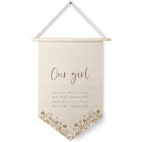 Qpenm Girls Room Decor, Our Girl You are More Than Our Expected Hanging Wall Canvas Banner, Boho Girl Nursery Hanging Pennant Flag, Boho Nursery Decor for Girl, Nursery Wall Decor,Posters & Prints