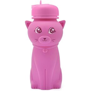 Collapsible Silicone cat Water Bottle with Carabiner |500ml(16.9 oz) | for Girls in the School, Hiking, Backpacking, Camping, Work out Sports | BPA Free(kawaii & cute Rose red cat)
