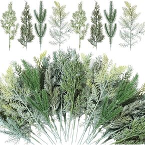 Lyrow 80 Pcs Christmas Artificial Pine 4 Styles Snowy Artificial Pine Branches Faux Leaves Needle Plastic Pine Fake Greenery Pick Greenery Christmas Tree for DIY Christmas Wreaths Home Decoration