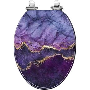 Elongated Toilet Seat abstract marbling violet blue purple marble with golden veins fake Resin Toilet Seat with Quietly Close Quick Release Hinges Decorative Toilet Seat with Cover Easy to Install