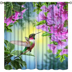 Hummingbird Blackout Curtains, Beautiful Purple Floral Hummingbird Nature Theme, for Bedroom Living Room, 2 Panel Set, 42x45 Inch