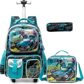 Egchescebo Kids Rolling Backpack for Boys Car Suitcases Trolley Roller Luggage Backpacks on Wheels with Lunch Box Pencil Case for Elementary Multiple Function Pockets Travel school Bag Yellow