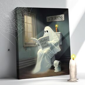 Vintage Cute Ghost On Toliet Reading Books Canvas Wall, Art Funny Gothic Aesthetic, Horror Halloween Pictures, Spooky Dark Academia Wall Decor For Washroom Bathroom 12x16 Inch