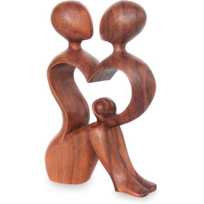 NOVICA Natural Brown Romantic Love Suar Wood Heart Shaped Abstract Human Figure Sculpture, 7.5" Tall 'A Heart Shared by Two'