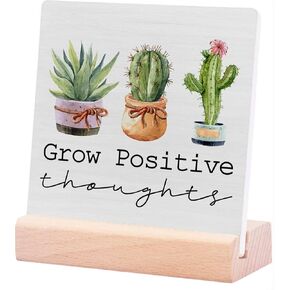 Country Grow Positive Thoughts Ceramic Table Sign Plaque Decor Desk Sign Plant Lovers Cactus Tabletop Sign Desk Sign Summer Rustic Home Shelf Wall Decoration