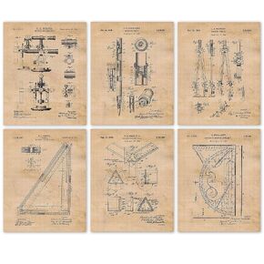 Vintage Architect Tools Patent Prints, 6 (8x10) Unframed Photos, Wall Art Decor Gift for Home Estate Office Gears Garage Shop Builder Studio Engineeer School College Student Teacher Construction Coach
