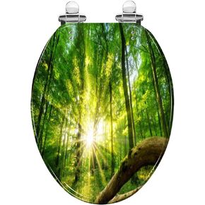 Elongated Toilet Seat Green forest by sun Resin Toilet Seat Quietly Slow Close with Quick-Release Hinges Toilet Seat with Cover Easy to Clean Install