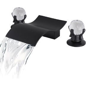 Waterfall Bathroom Faucet, 3 Holes Deck Mount Vanity Sink Faucet, Two Crystal Handles Bath Tub Faucet, Widespread 8 Inch Brass Vanity Basin Mixer Tap Set, Matte Black