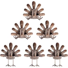 MorTime 6 PACK Turkey Tealight Candleholders, Thanksgiving Tabletop Sitting Standing Turkey Tea Light Candle Holders, Decorative Bronze Finished Metal Turkey Holders Set for Thanksgiving Decorations